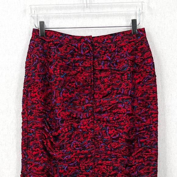 RAUL BLANCO Vintage 80s Silk Pencil Skirt 12 Red Multi Scrunch Ruched Printed - Picture 5 of 15